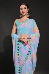 Firozi Saree with Mirror Work